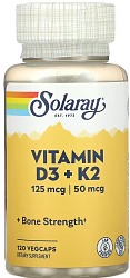 Витамин Solaray D3+K2 120 капсул