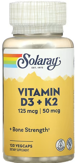 Витамин Solaray D3+K2 120 капсул